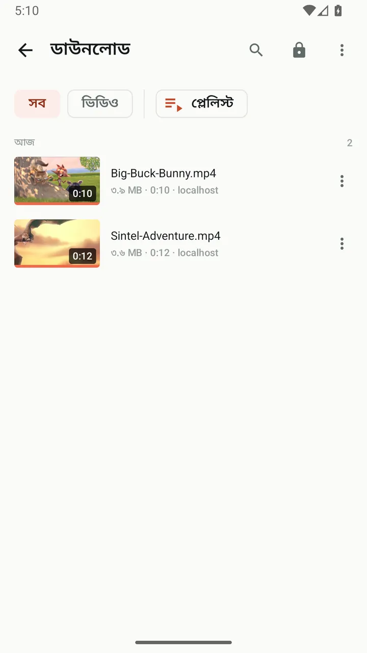 Lynvio ডাউনলোড তালিকা, যেখানে সেভ করা দুটি ভিডিও আছে