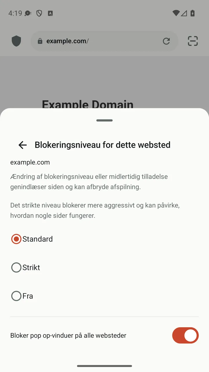 Webstedspanelet i Lynvio med blokeringsniveauerne Standard, Strikt og Fra