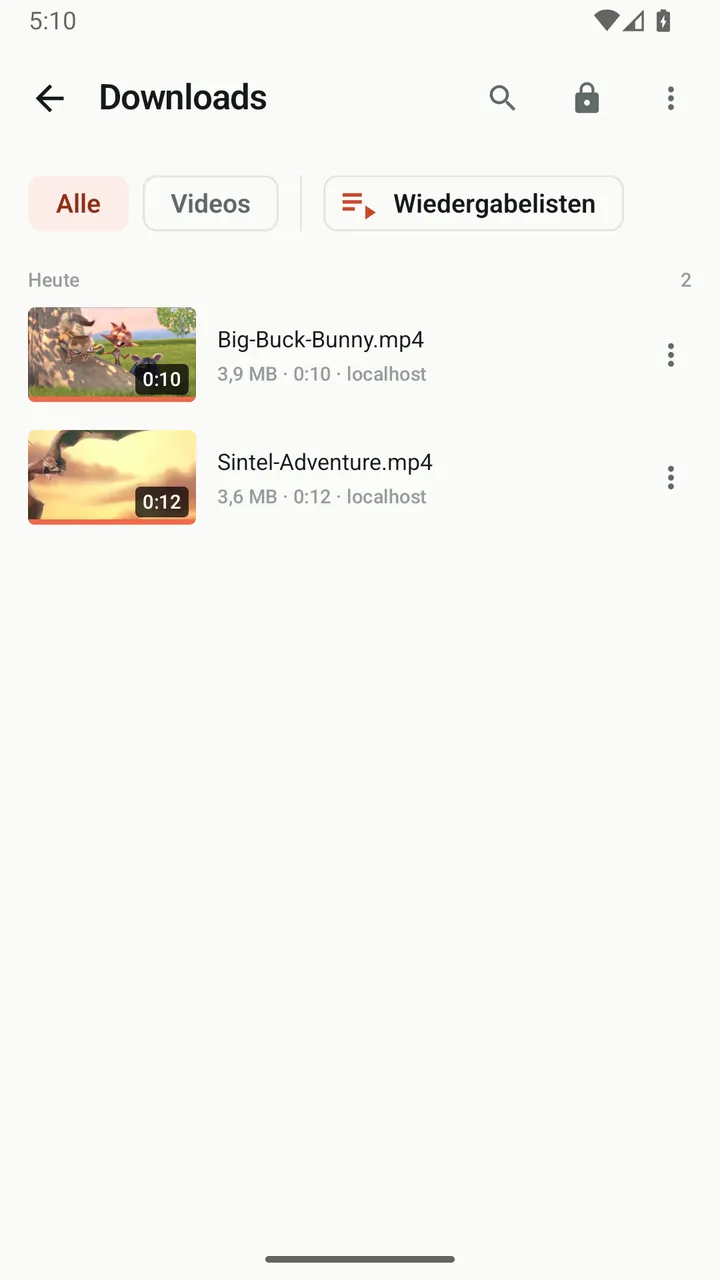Download-Liste in Lynvio mit zwei gespeicherten Videos