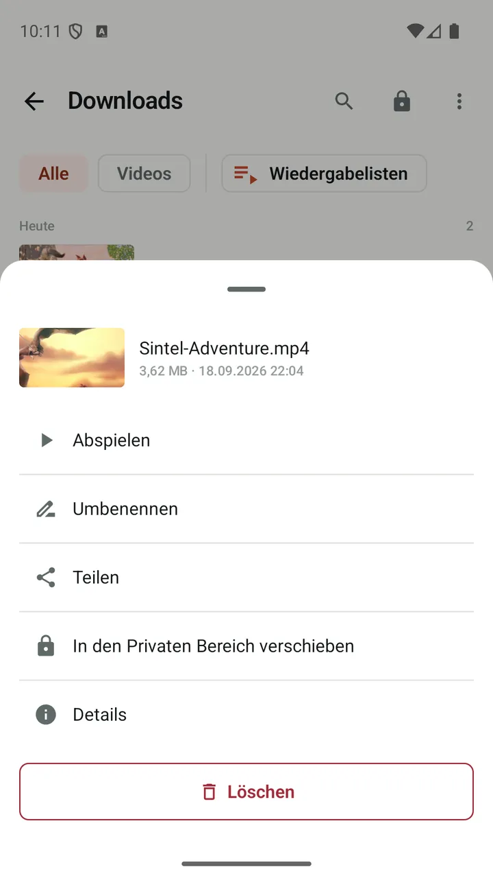 Aktionen für ein heruntergeladenes Video in Lynvio, darunter „In den Privaten Bereich verschieben“