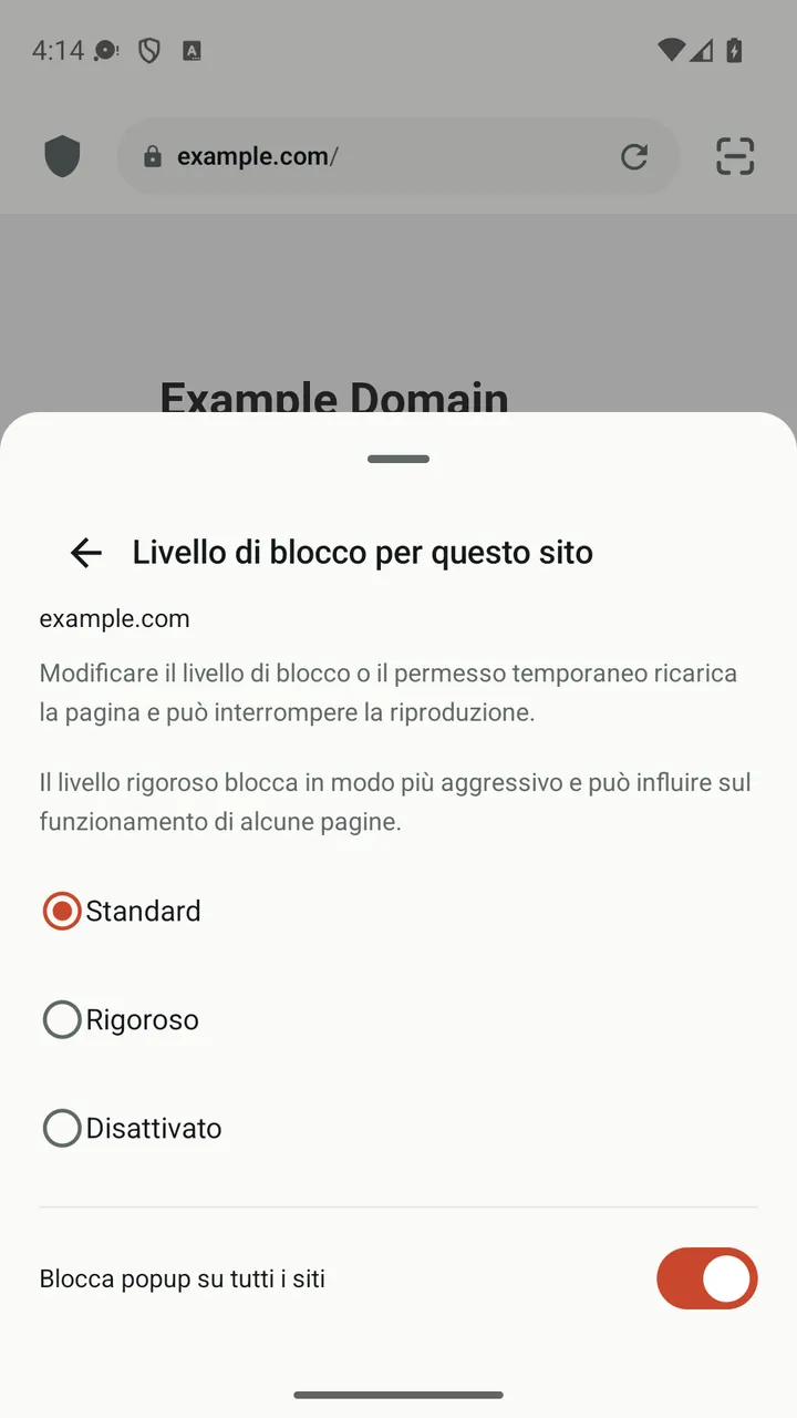 Pannello del sito di Lynvio con i livelli di blocco Standard, Rigoroso e Disattivato