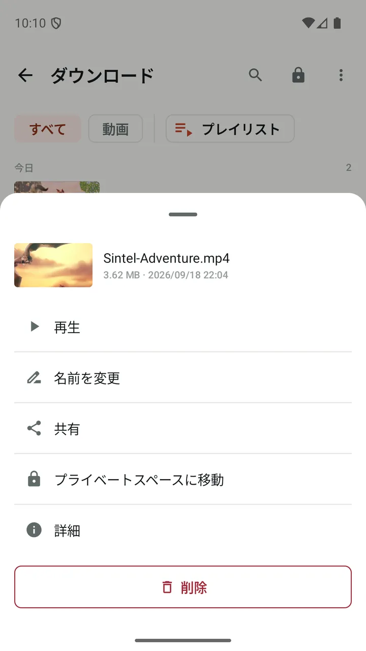 「プライベートスペースに移動」を含む、ダウンロードした動画に対する Lynvio の操作メニュー