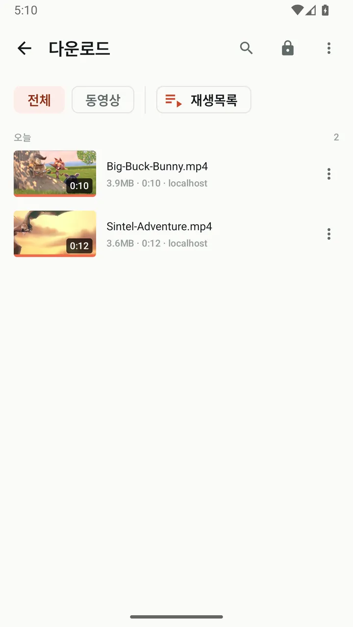 저장된 동영상 두 개가 있는 Lynvio 다운로드 목록