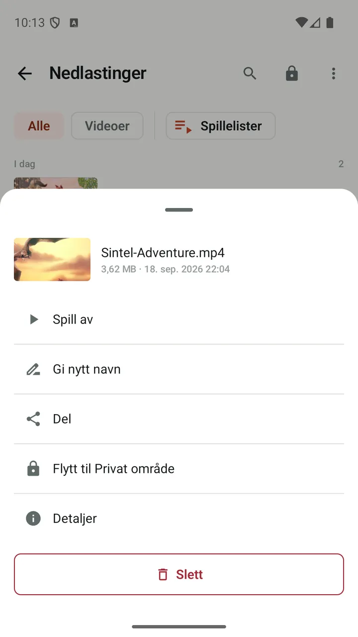 Handlinger i Lynvio for en nedlastet video, blant annet «Flytt til Privat område»