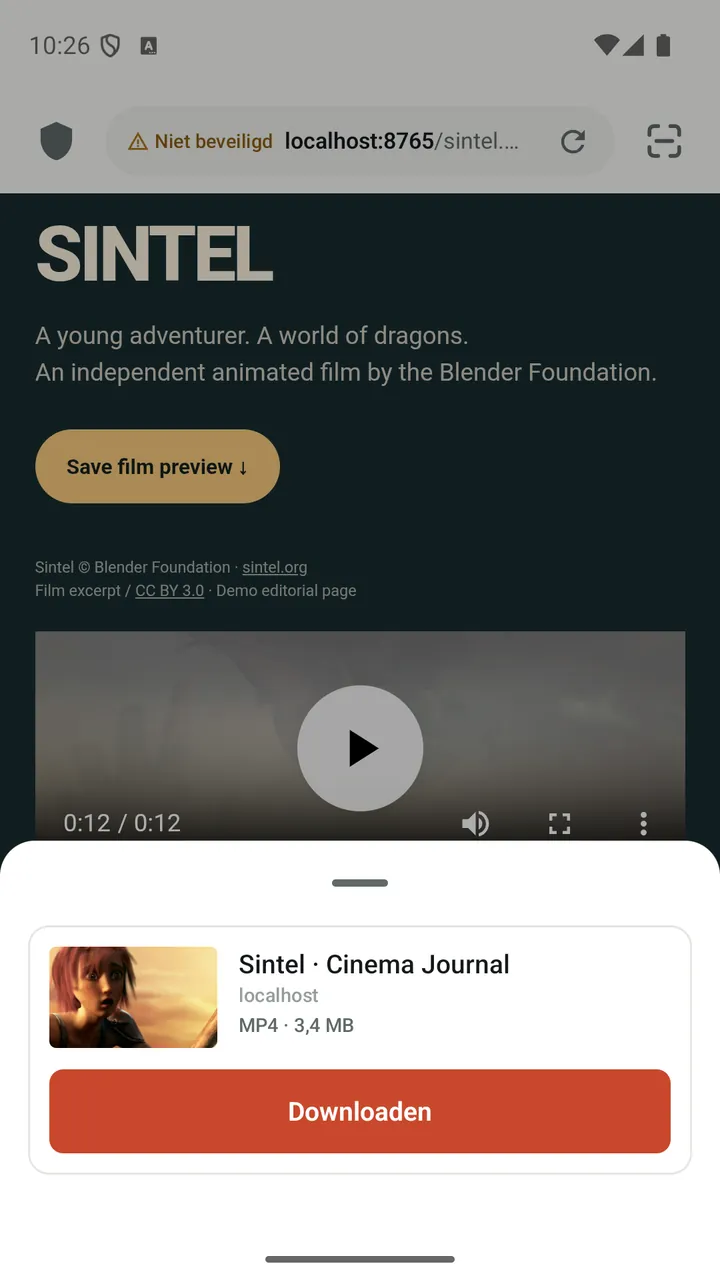 Lynvio toont het downloadpaneel voor een video die op een webpagina is gevonden