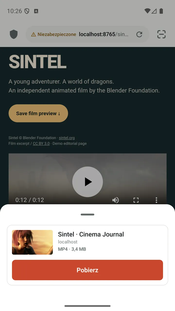 Lynvio wyświetla panel pobierania filmu wykrytego na stronie internetowej