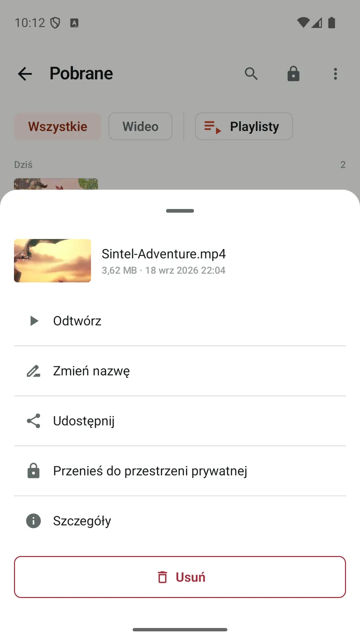 Akcje w Lynvio dla pobranego filmu, w tym „Przenieś do przestrzeni prywatnej”