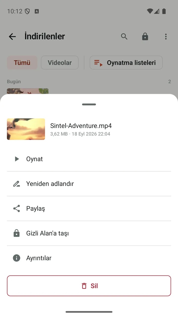 İndirilmiş bir video için “Gizli Alan'a taşı” dahil Lynvio işlemleri