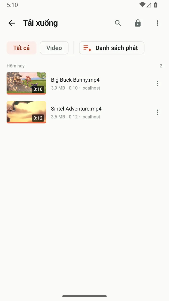 Danh sách tải xuống của Lynvio với hai video đã lưu