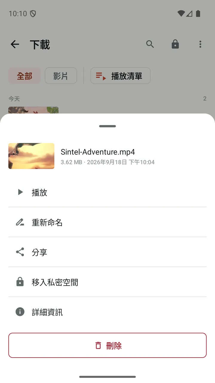 Lynvio 中已下載影片的操作選單，包括「移入私密空間」